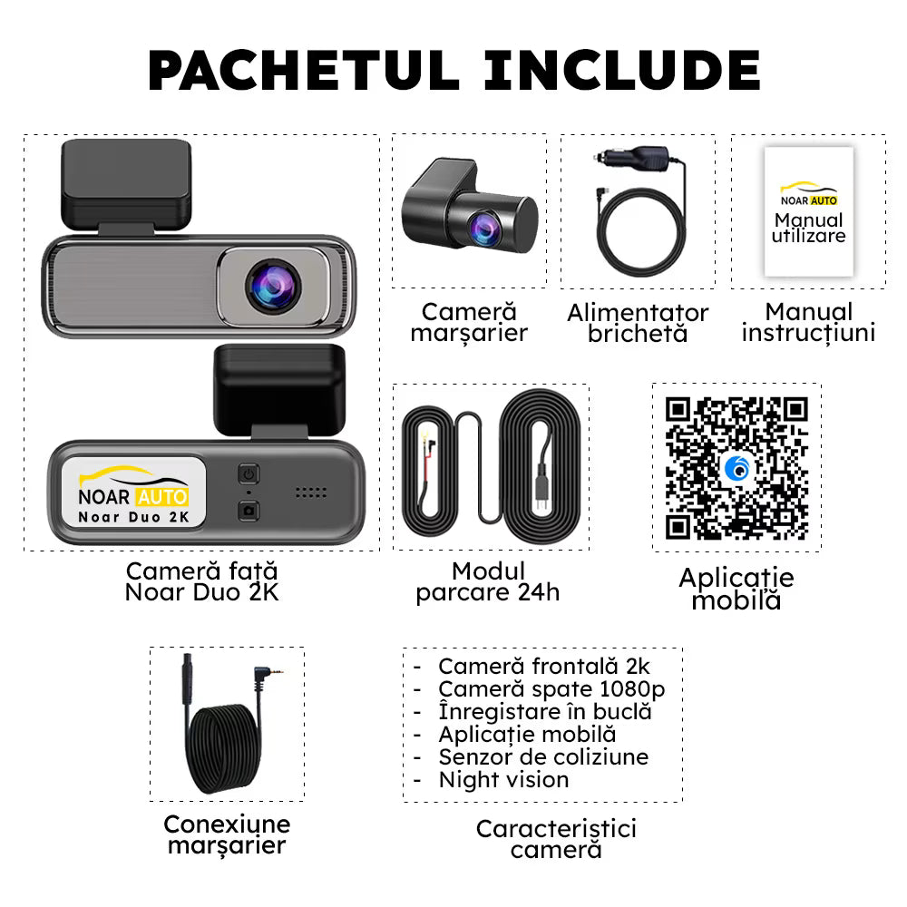 CAMERA DE BORD NOAR DUO 2K + APLICAȚIE PE TELEFON + CARD 128GB CADOU