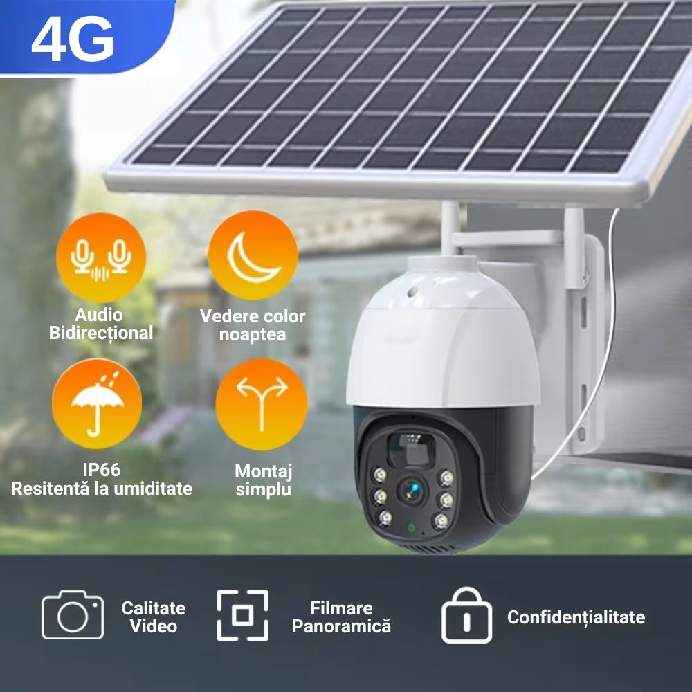 CAMERĂ SUPRAVEGHERE 2K, CONEXIUNE 4G, PANOU SOLAR, VEDERE 360, CONTROL DIN APLICAȚIE