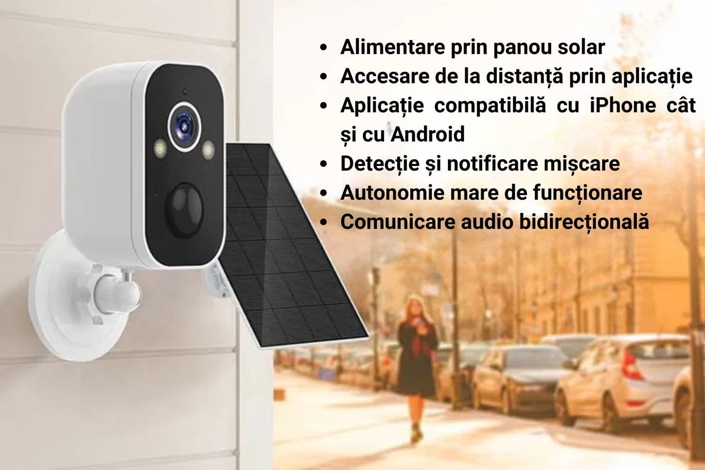 CAMERĂ DE SUPRAVEGHERE SOLARĂ FIXĂ WIFI 2K, VEDERE NOCTURNĂ COLOR, AUDIO BIDIRECȚIONAL, CONTROL DIN APLICAȚIE