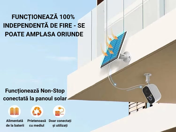 CAMERĂ DE SUPRAVEGHERE SOLARĂ FIXĂ WIFI 2K, VEDERE NOCTURNĂ COLOR, AUDIO BIDIRECȚIONAL, CONTROL DIN APLICAȚIE