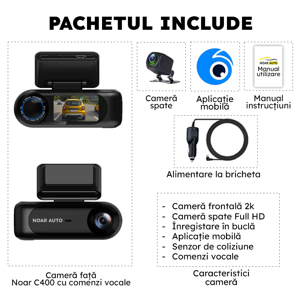 CAMERA AUTO CU CONTROL VOCAL NOAR D400 - FILMARE 2K + FULL HD, APLICATIE PE TELEFON