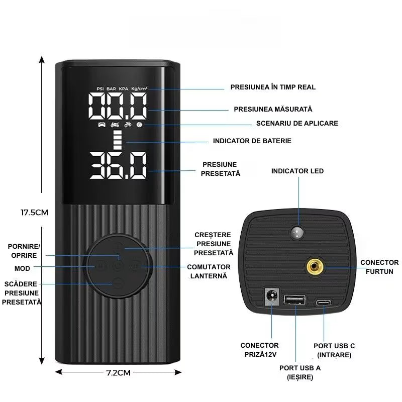 COMPRESOR AUTO CU ACUMULATOR - FUNCTIE DE BATERIE EXTERNĂ ȘI LANTERNĂ