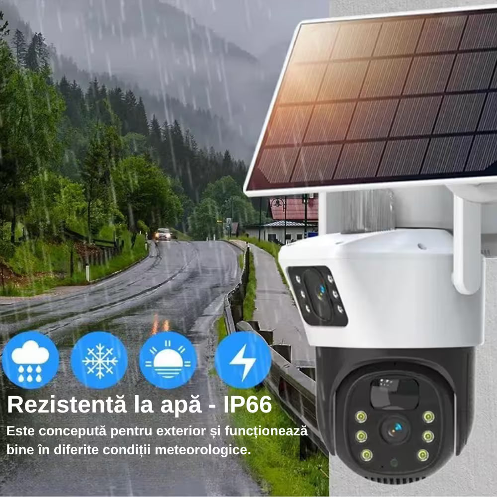 CAMERĂ SUPRAVEGHERE 6MP DUALĂ, CONEXIUNE WIFI, PANOU SOLAR, VEDERE 360, CONTROL DIN APLICAȚIE