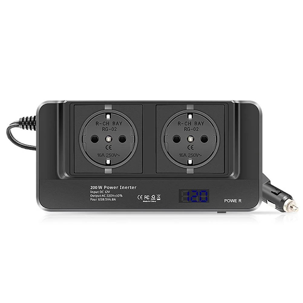INVERTOR AUTO 200W, PRIZA DUBLA 230V, 4 x PORTURI USB, PUTERE MAXIMA 400W