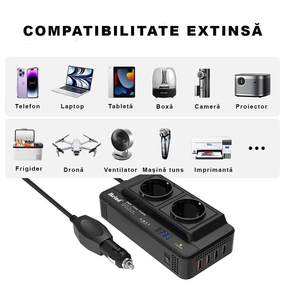 INVERTOR AUTO 200W, PRIZA DUBLA 230V, 4 x PORTURI USB, PUTERE MAXIMA 400W