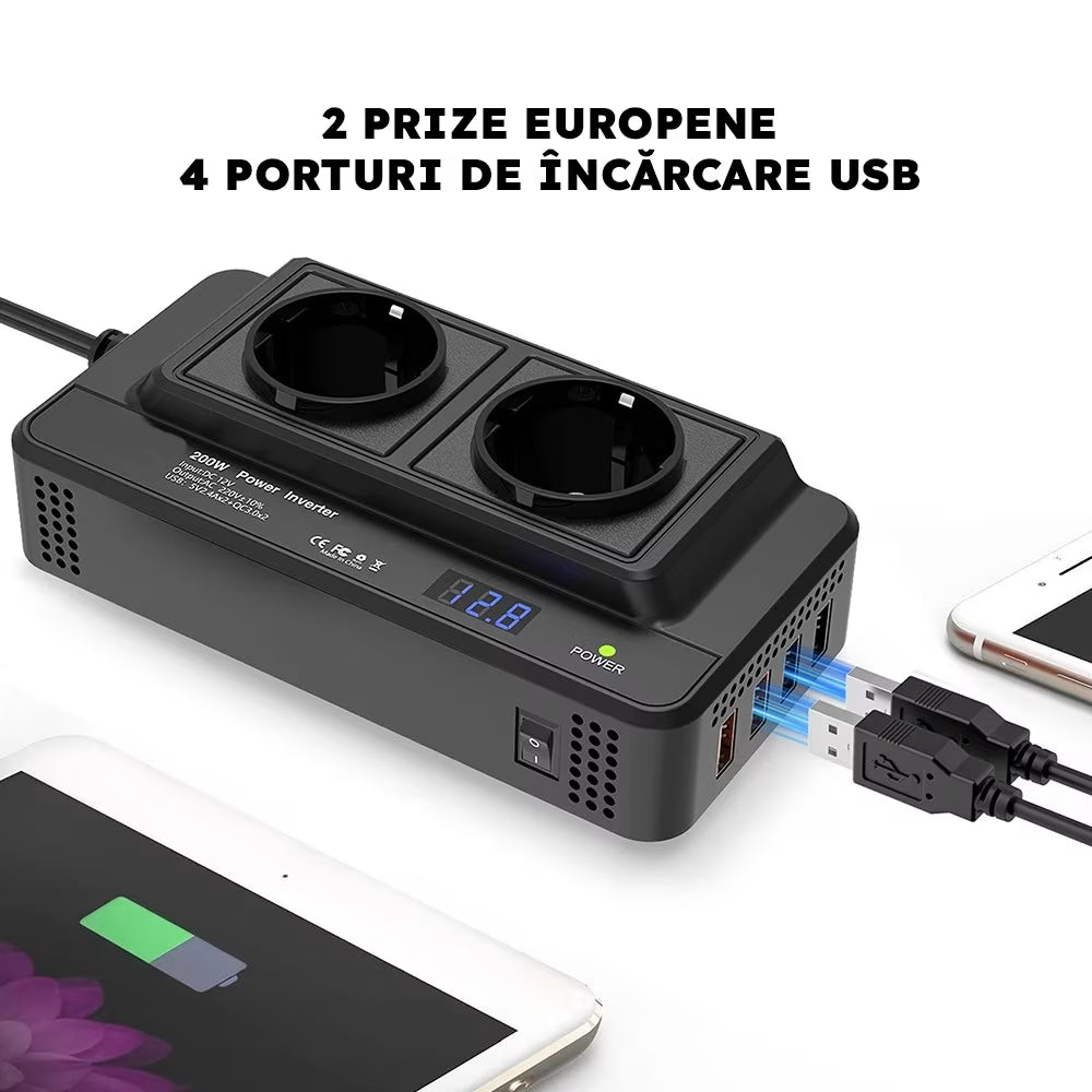 INVERTOR AUTO 200W, PRIZA DUBLA 230V, 4 x PORTURI USB, PUTERE MAXIMA 400W