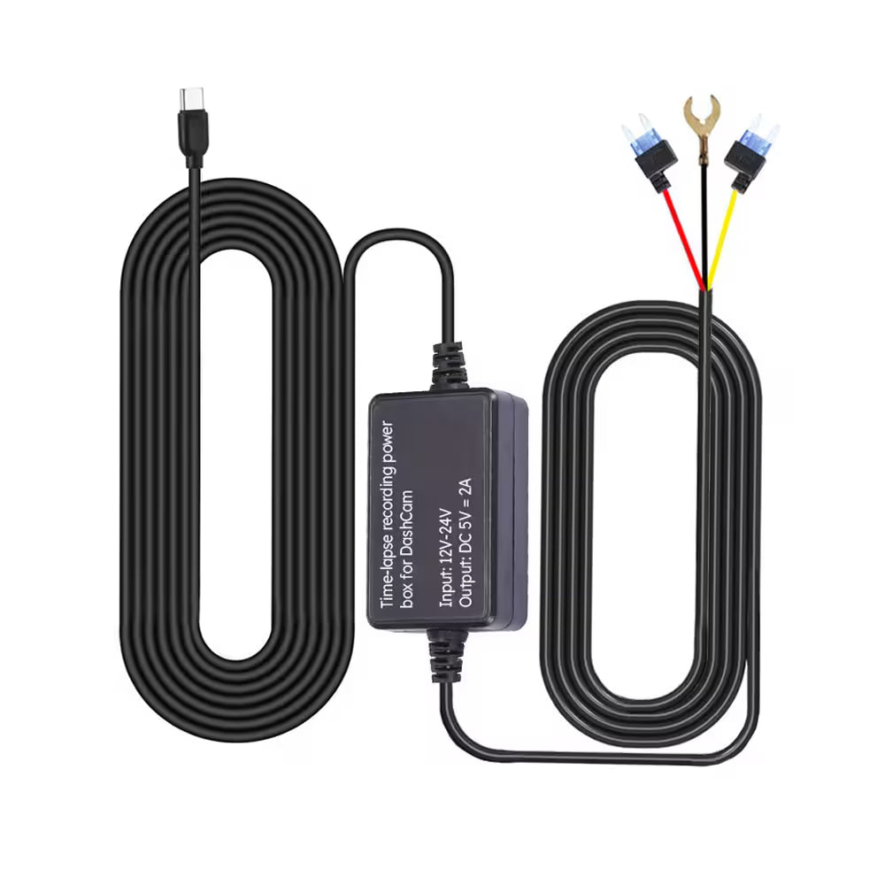 CABLU ADAPTOR USB-C 5V 2A 12-24V PENTRU CAMERE AUTO DVR – FILMARE PARCARE 24/7, MONTAJ LA SIGURANTE