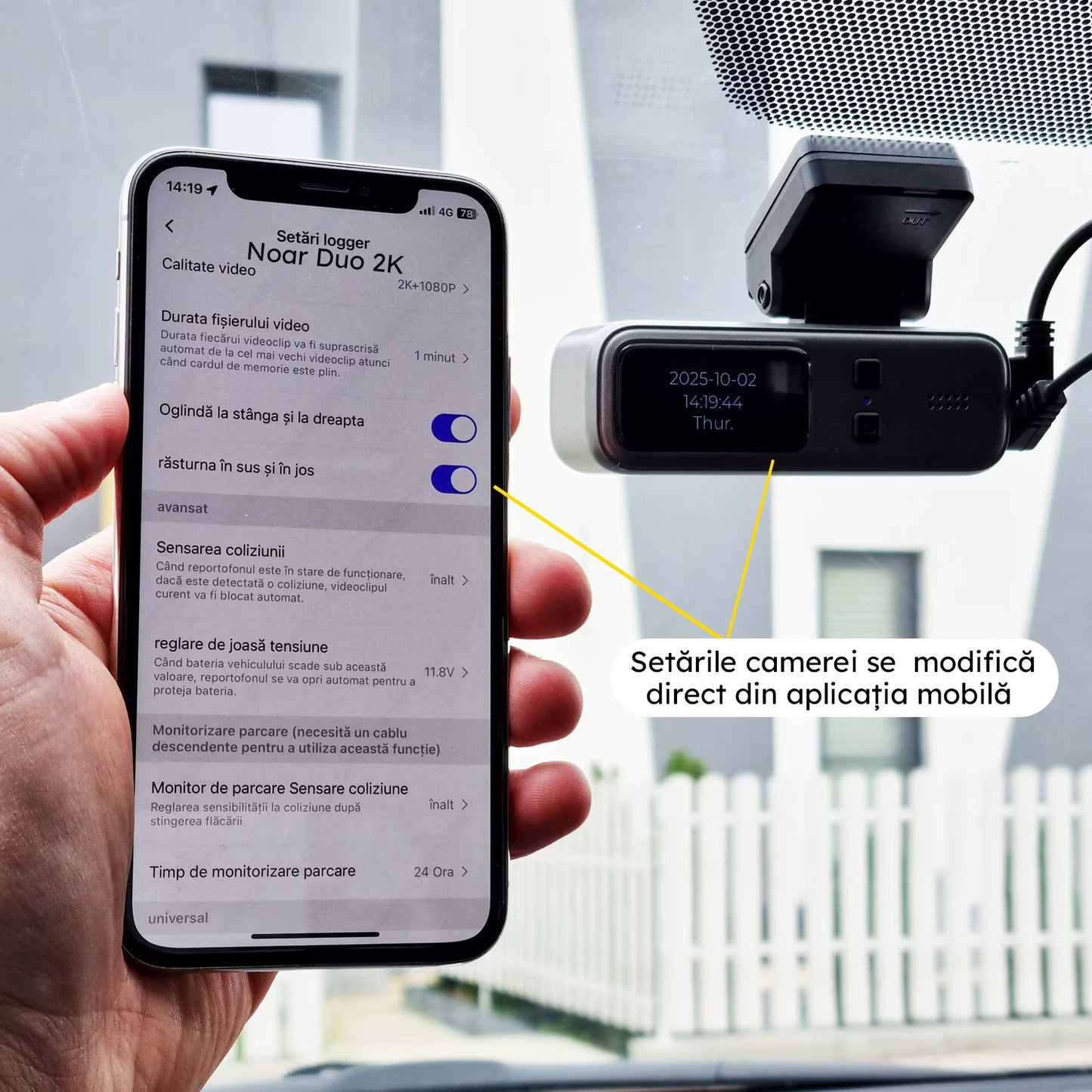 CAMERA DE BORD NOAR DUO 2K + APLICAȚIE PE TELEFON + CARD 128GB CADOU