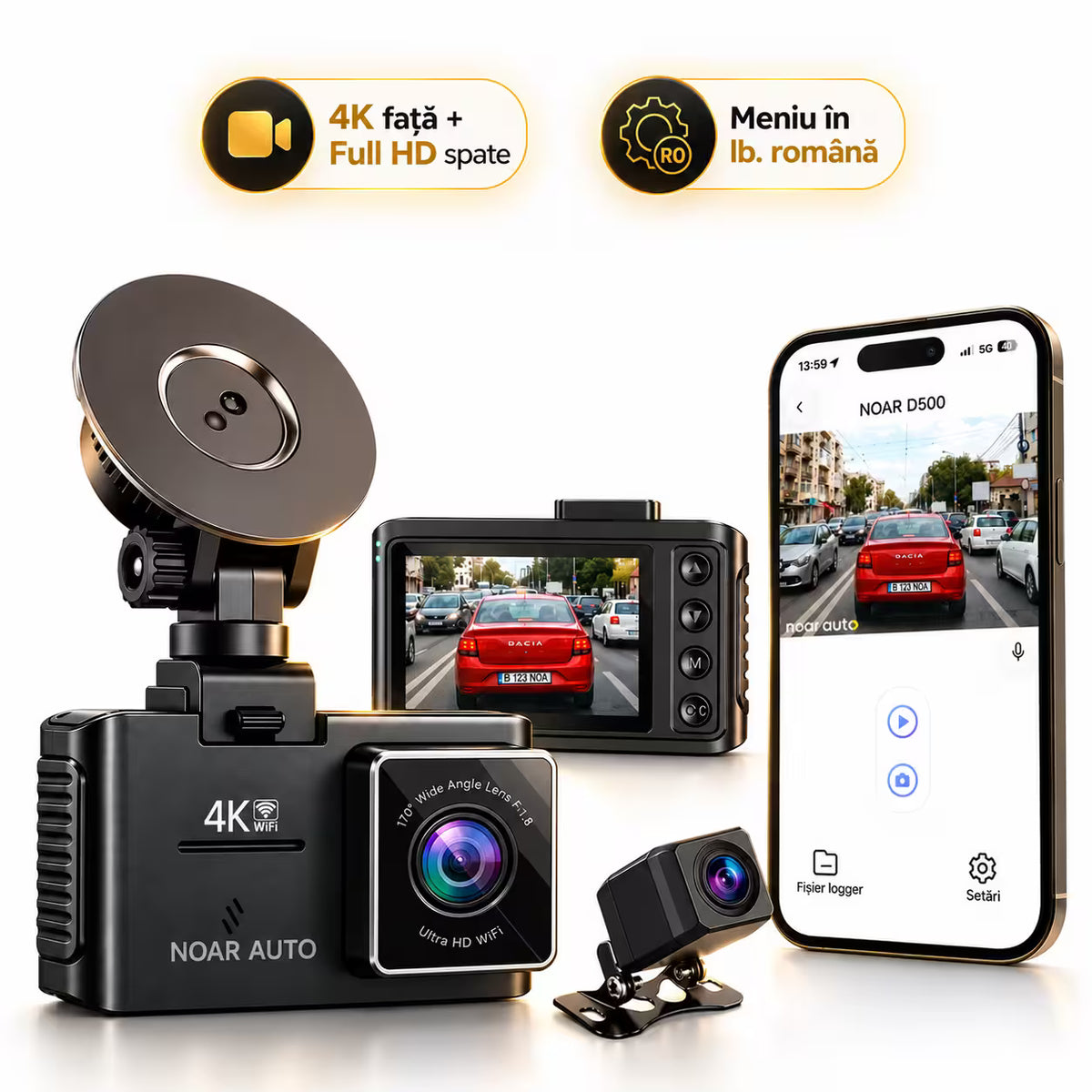 CAMERA AUTO NOAR D500 WIFI - MENIU LIMBA ROMANA, FATA 4K + SPATE FullHD, FILMARE PARCARE, VENTUZA
