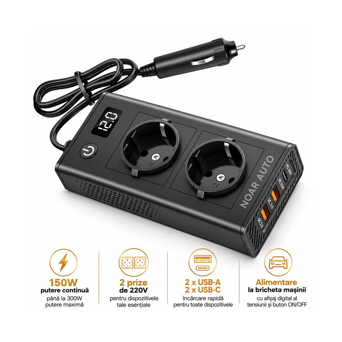 INVERTOR AUTO 150W, PRIZA DUBLA 220V, 2x PORT USB-A, 2x PORT USB-C, PUTERE MAXIMA 300W