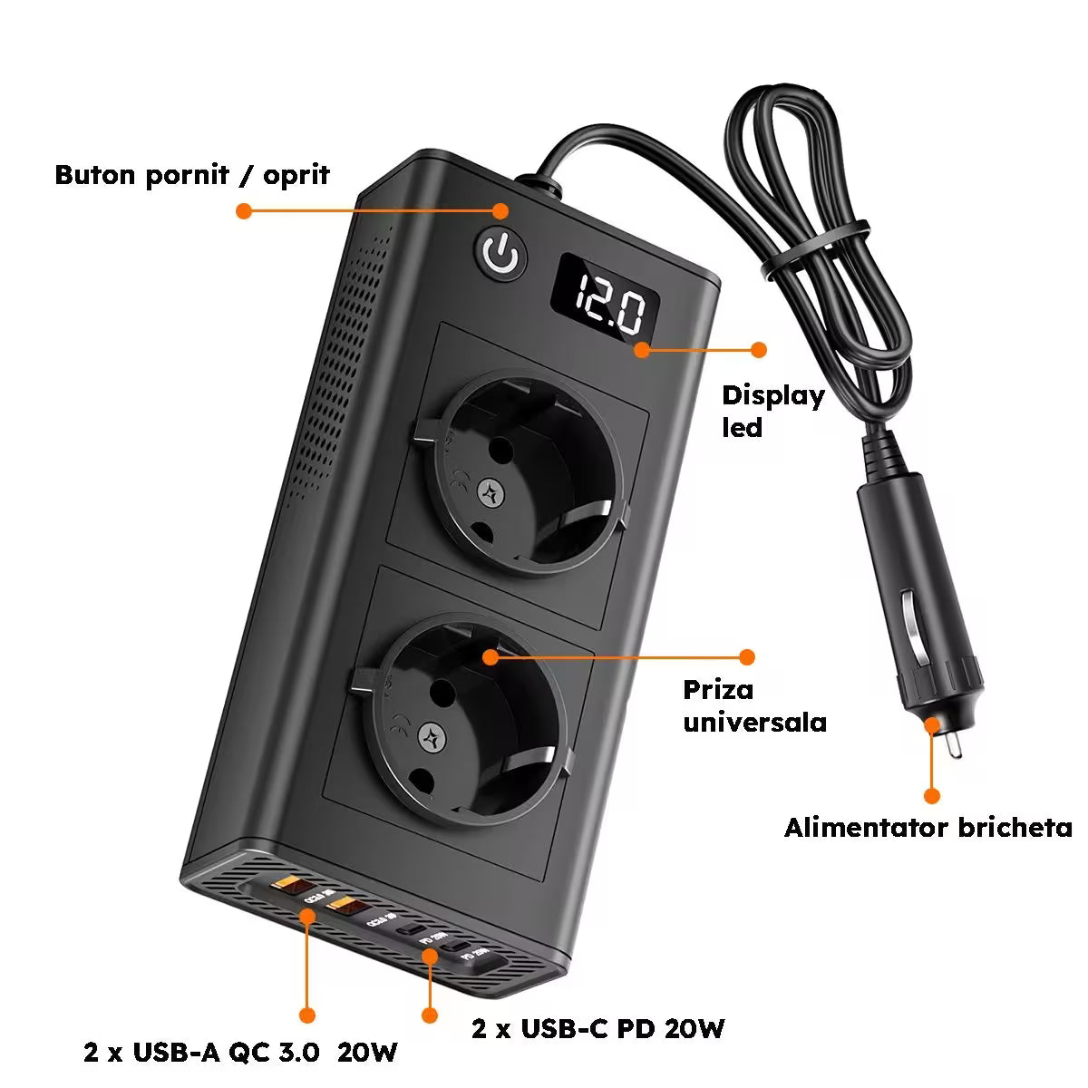 INVERTOR AUTO 150W, PRIZA DUBLA 220V, 2x PORT USB-A, 2x PORT USB-C, PUTERE MAXIMA 300W