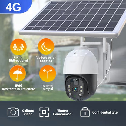 CAMERĂ SUPRAVEGHERE 2K, CONEXIUNE 4G, PANOU SOLAR, VEDERE 360, CONTROL DIN APLICAȚIE