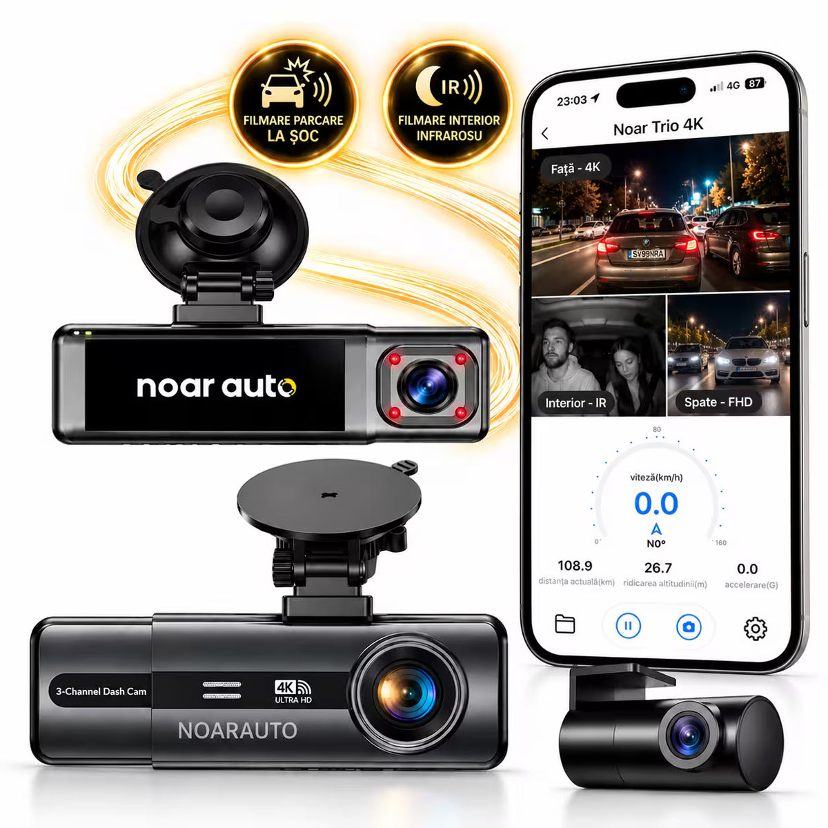 CAMERA AUTO TRIPLA - NOAR T200 TRIO 4K - FATA, INTERIOR, SPATE, SENZOR IMPACT, SUPRAVEGHERE PARCARE