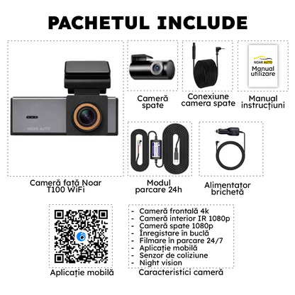 CAMERA DE BORD NOAR T100 4K - CAMERA AUTO TRIPLA - FISHEYE - TOUCHSCREEN - WIFI