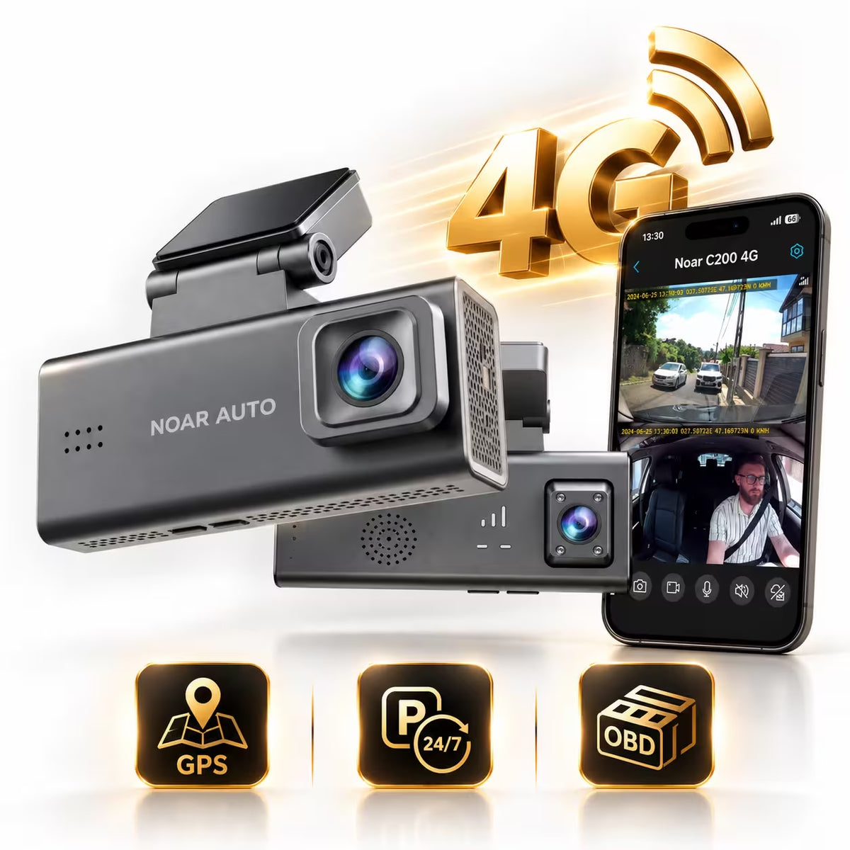 CAMERA DE BORD NOAR C200 4G - DETECTIE MISCARE, GPS, VIZIUNE NOCTURNA, FATA + INTERIOR, APLICATIE
