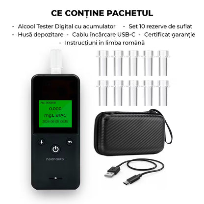 ALCOOL TESTER PROFESIONAL CU ACUMULATOR - ETILOTEST DIGITAL, ACURATETE +/- 0.01% BAC, 10 REZERVE INCLUSE
