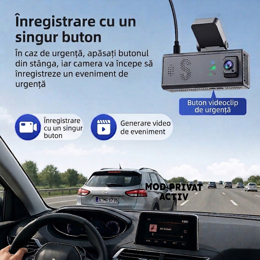 CAMERA DE BORD NOAR C200 4G - DETECTIE MISCARE, GPS, VIZIUNE NOCTURNA, FATA + INTERIOR, APLICATIE