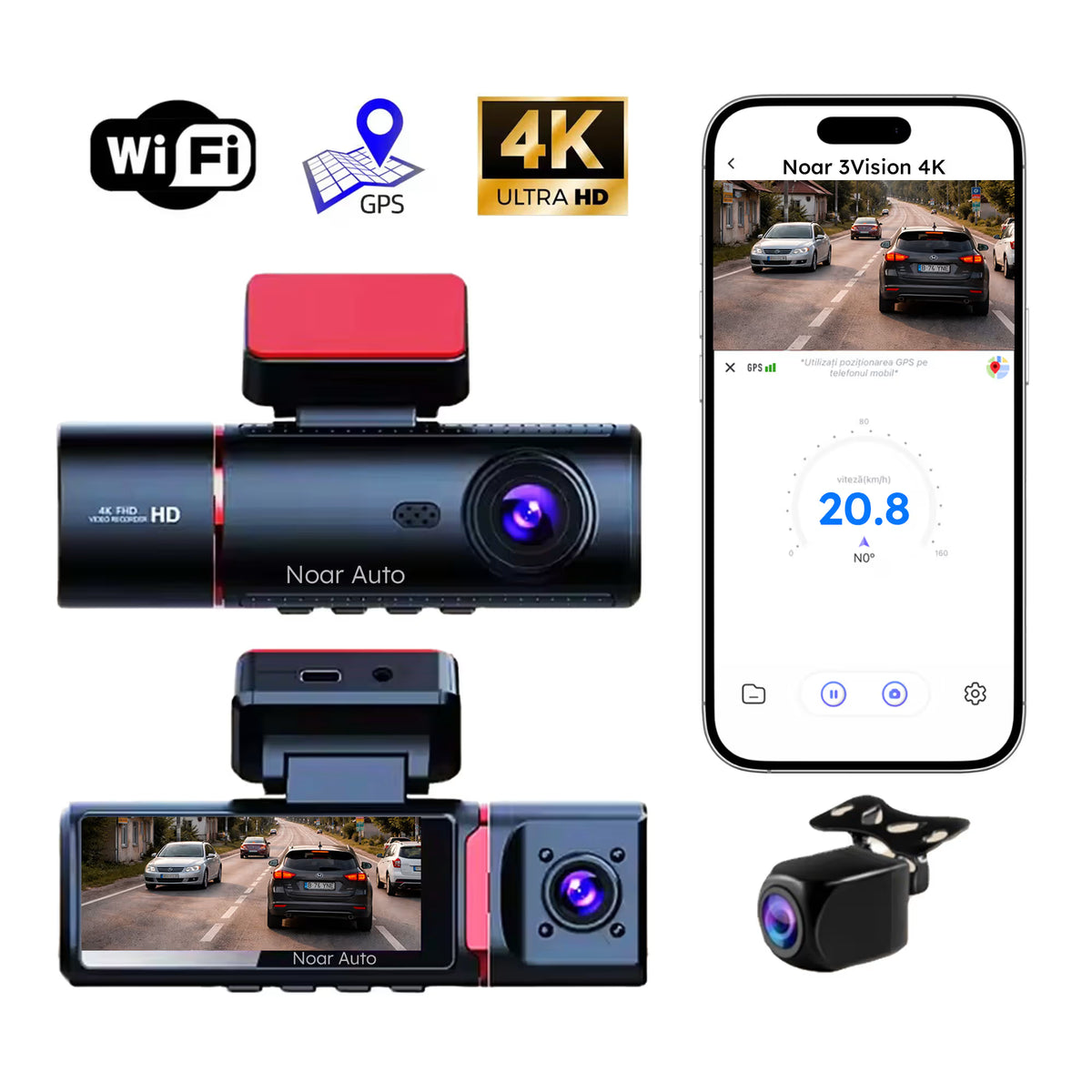 CAMERA AUTO TRIPLA - NOAR T300 3VISION 4K, GPS, SENZOR IMPACT, FILMARE IN PARCARE, APLICATIE TELEFON