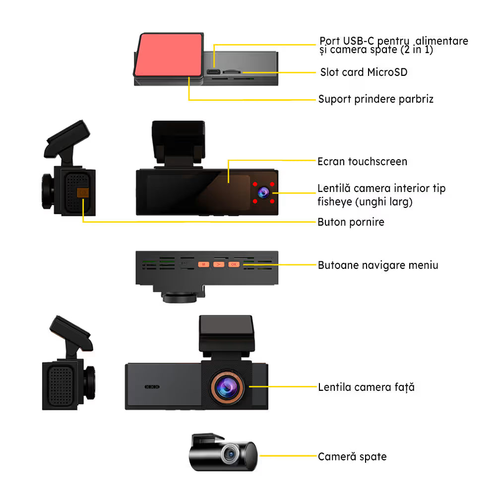 CAMERA DE BORD NOAR T100 4K - CAMERA AUTO TRIPLA - FISHEYE - TOUCHSCREEN - WIFI