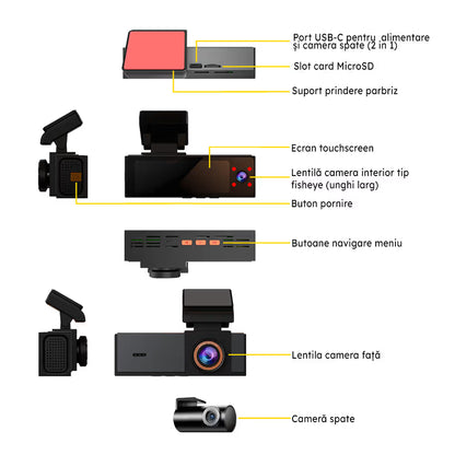 CAMERA DE BORD NOAR T100 4K - CAMERA AUTO TRIPLA - FISHEYE - TOUCHSCREEN - WIFI
