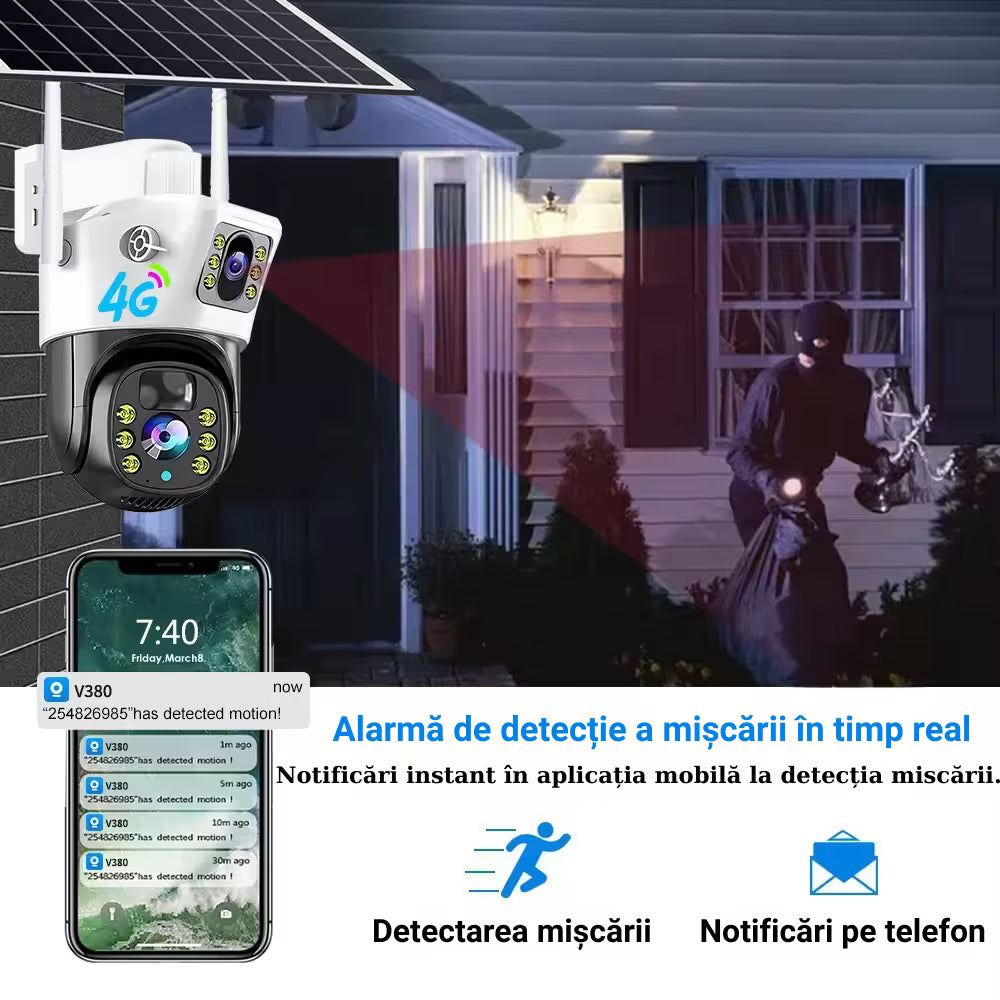 CAMERĂ SUPRAVEGHERE DUALĂ, CONEXIUNE WIFI, PANOU SOLAR, VEDERE 360, CONTROL DIN APLICAȚIE