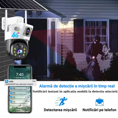 CAMERĂ SUPRAVEGHERE DUALĂ, CONEXIUNE WIFI, PANOU SOLAR, VEDERE 360, CONTROL DIN APLICAȚIE