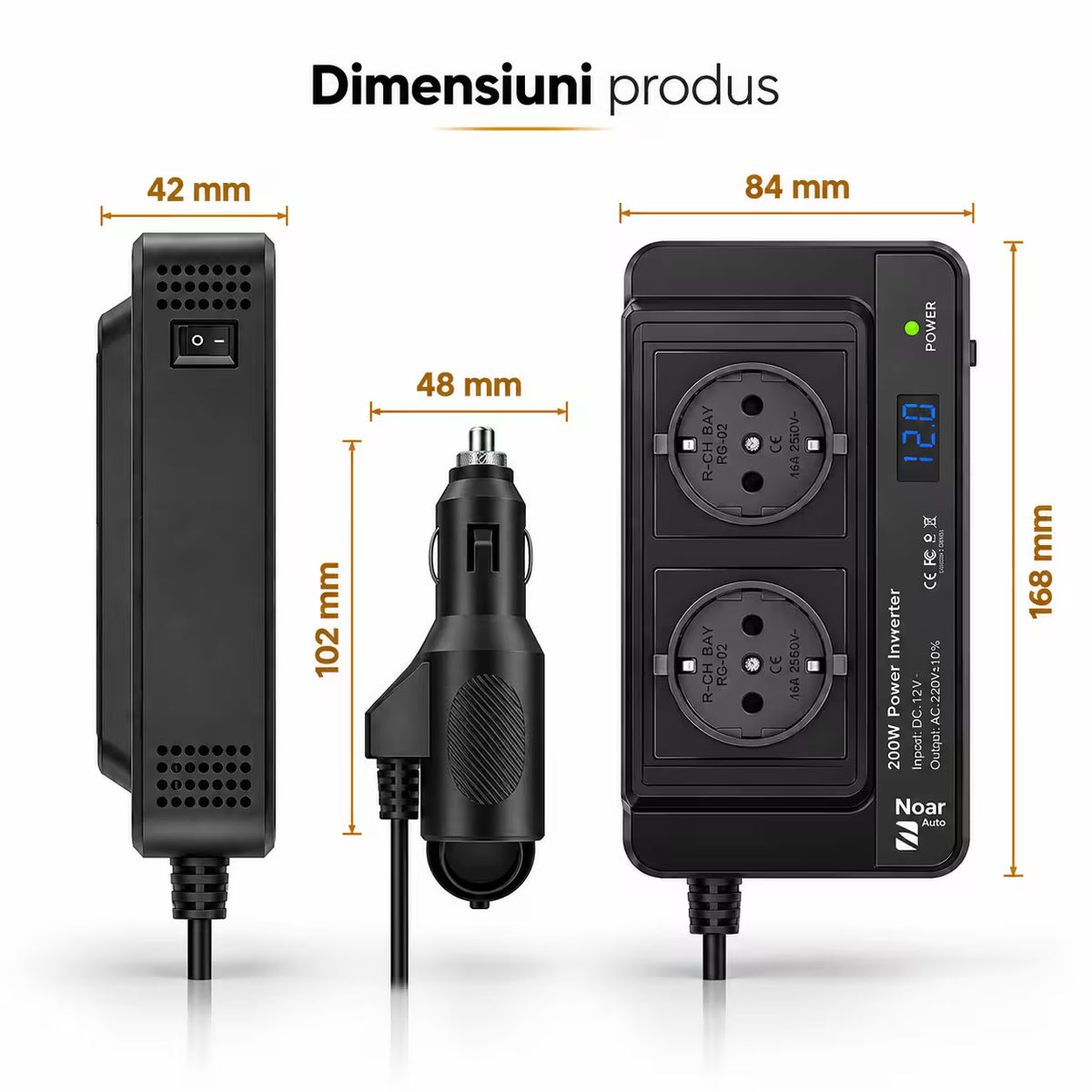 INVERTOR AUTO 200W, PRIZA DUBLA 220V, USB-C, 2x USB-A, PUTERE MAXIMA 400W