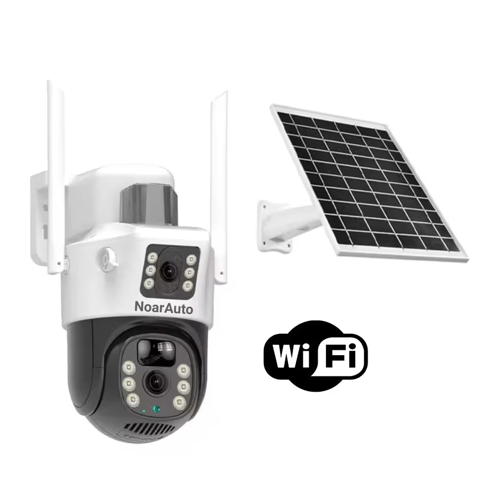 CAMERĂ SUPRAVEGHERE DUALĂ, CONEXIUNE WIFI, PANOU SOLAR, VEDERE 360, CONTROL DIN APLICAȚIE