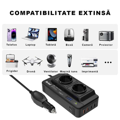 INVERTOR AUTO 200W, PRIZA DUBLA 230V, 4 x PORTURI USB, PUTERE MAXIMA 400W
