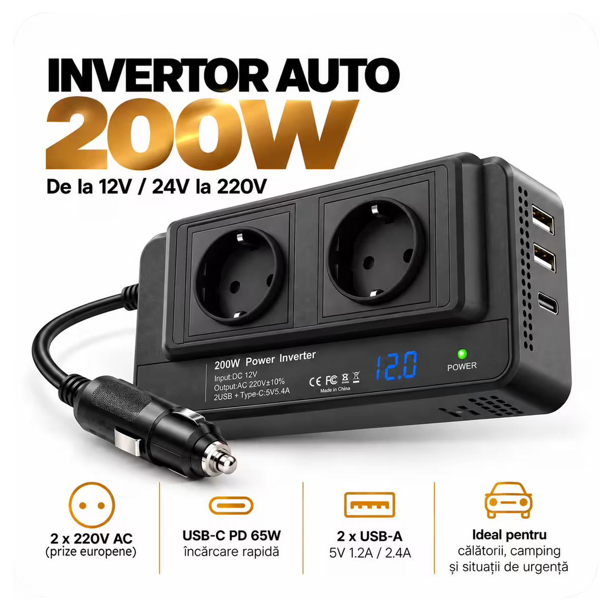 INVERTOR AUTO 200W, PRIZA DUBLA 220V, USB-C, 2x USB-A, PUTERE MAXIMA 400W