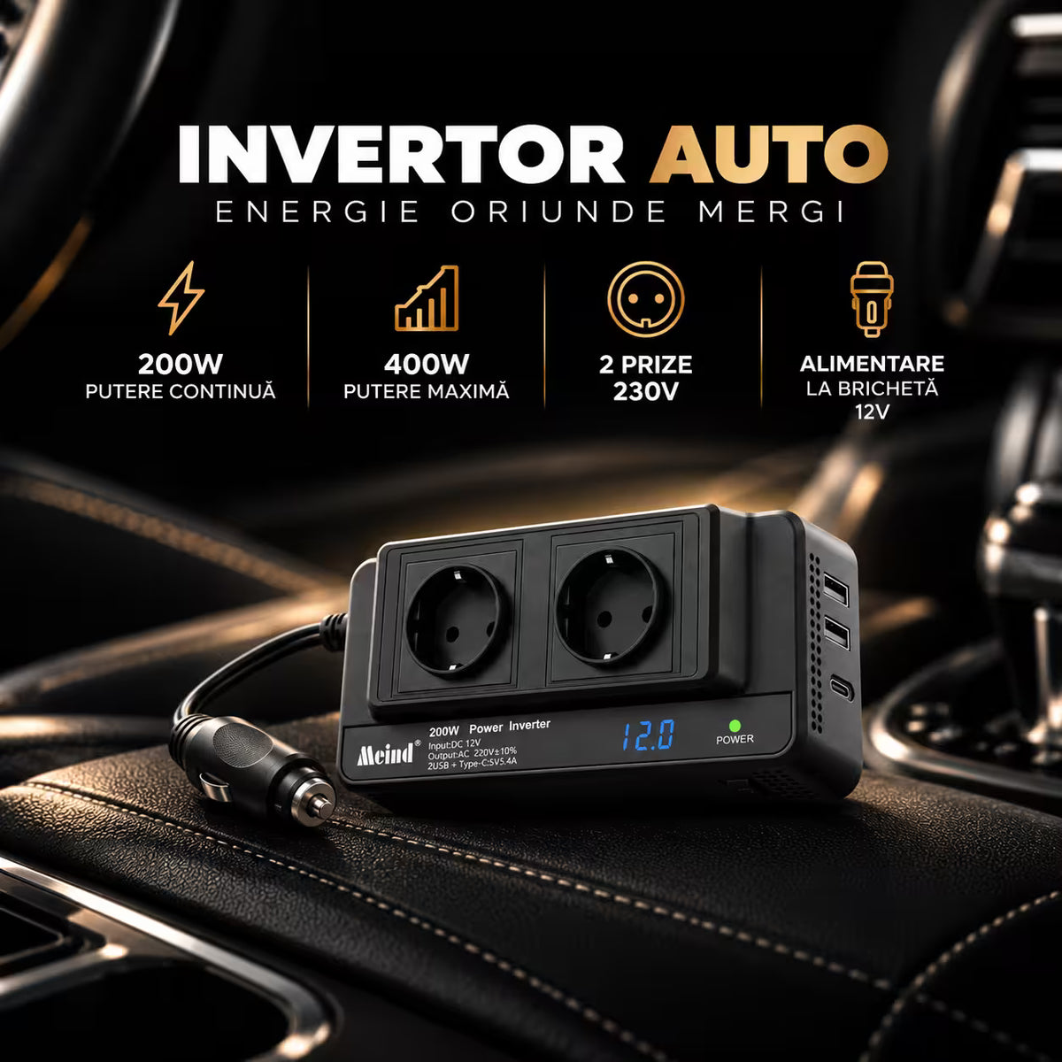 INVERTOR AUTO 200W, PRIZA DUBLA 230V, USB-C, 2x USB-A, PUTERE MAXIMA 400W