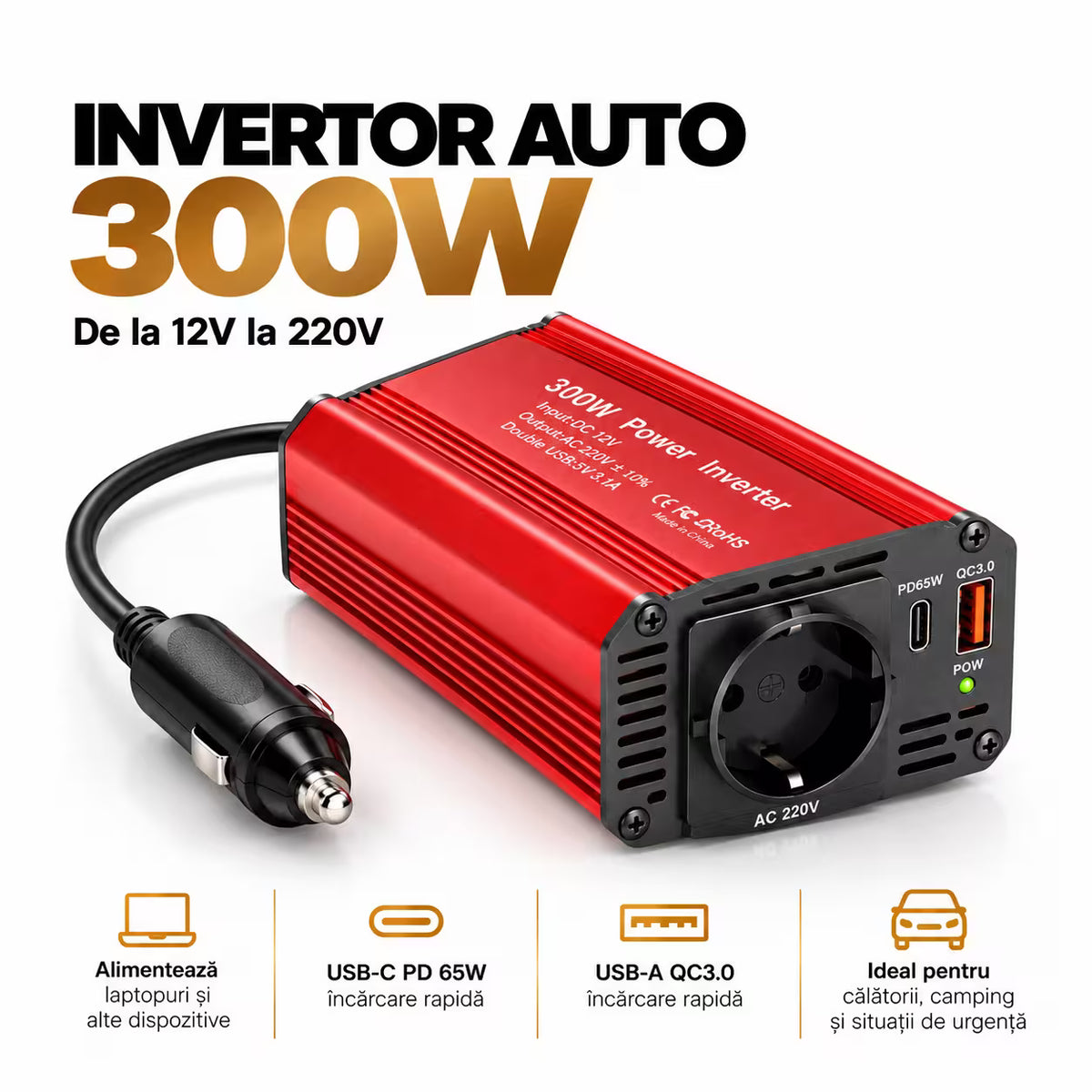 INVERTOR AUTO 300W, PRIZA 220V, 2 x PORTURI USB, PUTERE MAXIMA 600W