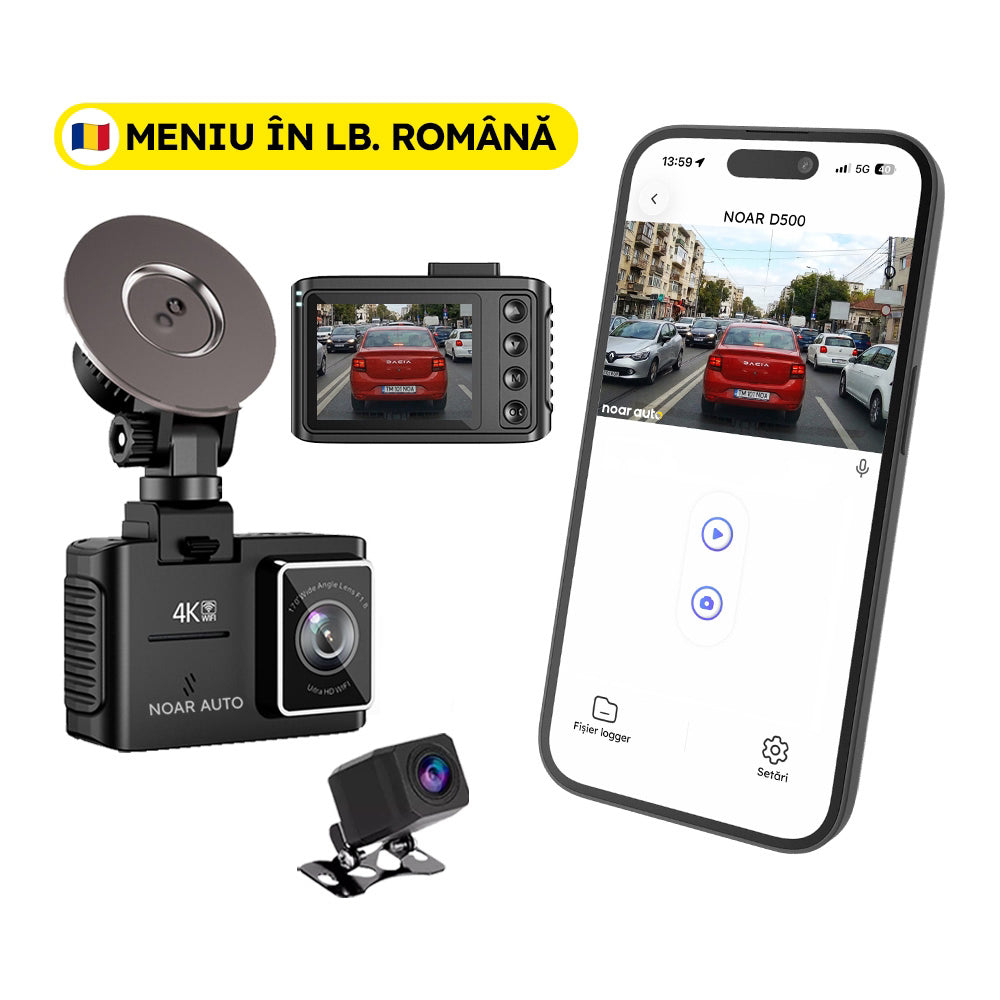 CAMERA AUTO NOAR D500 WIFI - MENIU LIMBA ROMANA, FATA 4K + SPATE FullHD, FILMARE PARCARE, VENTUZA