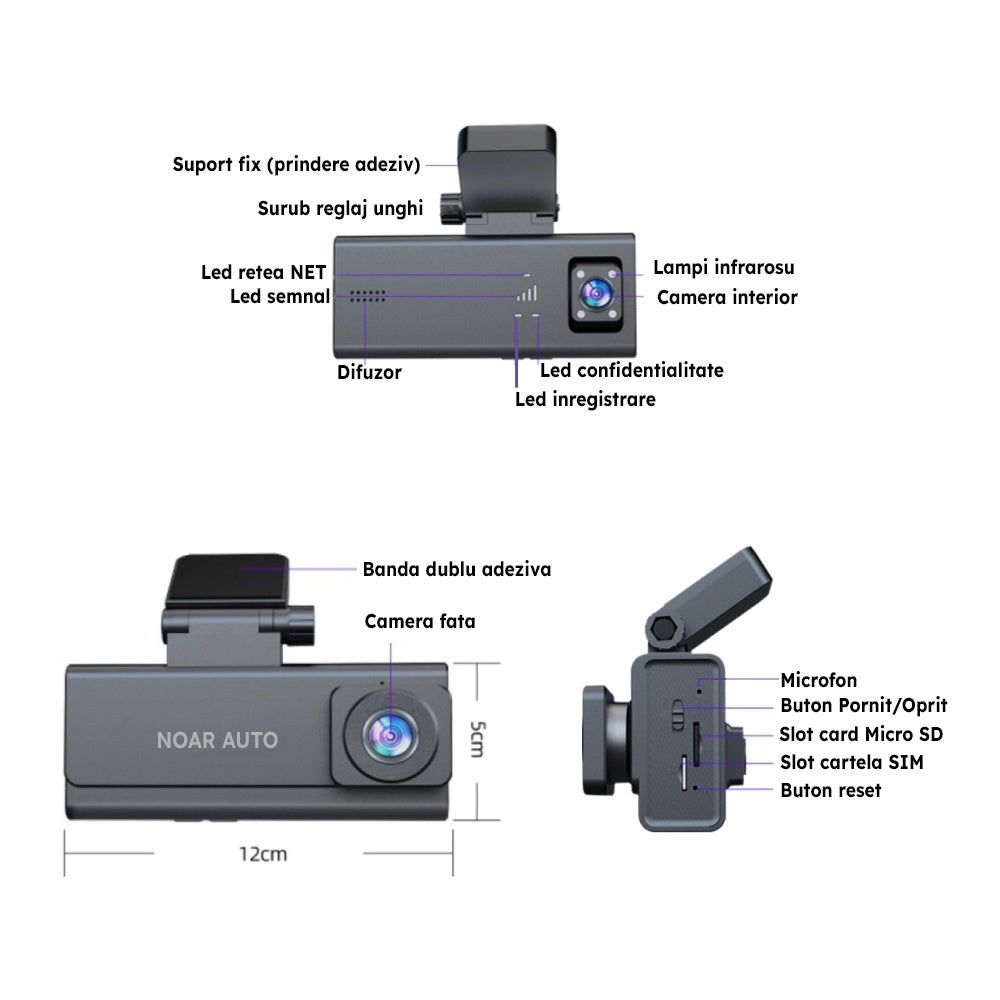 CAMERA DE BORD NOAR C200 4G - DETECTIE MISCARE, GPS, VIZIUNE NOCTURNA, FATA + INTERIOR, APLICATIE