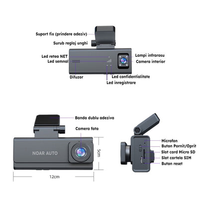 CAMERA DE BORD NOAR C200 4G - DETECTIE MISCARE, GPS, VIZIUNE NOCTURNA, FATA + INTERIOR, APLICATIE