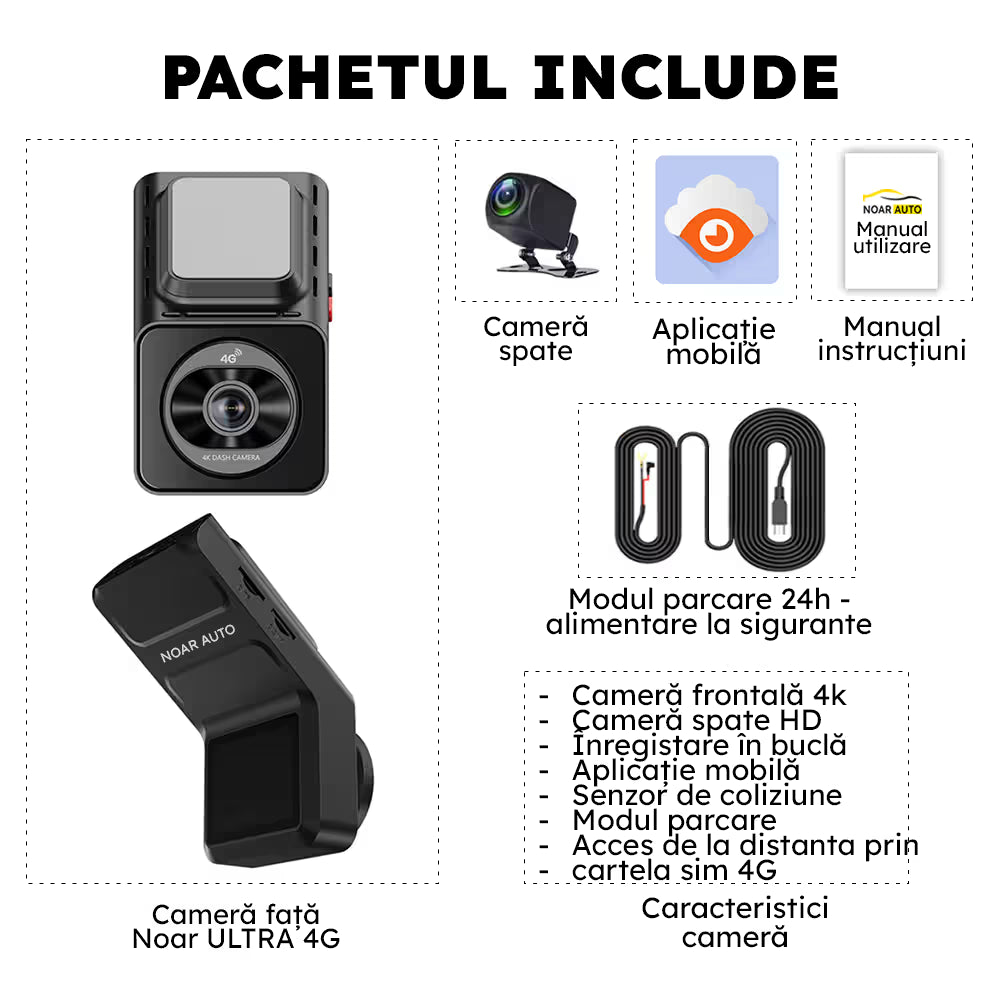 CAMERA AUTO 4G CARTELA SIM - NOAR ULTRA 4G, 4K + FULL HD, GPS, ACCES DE LA DISTANTA