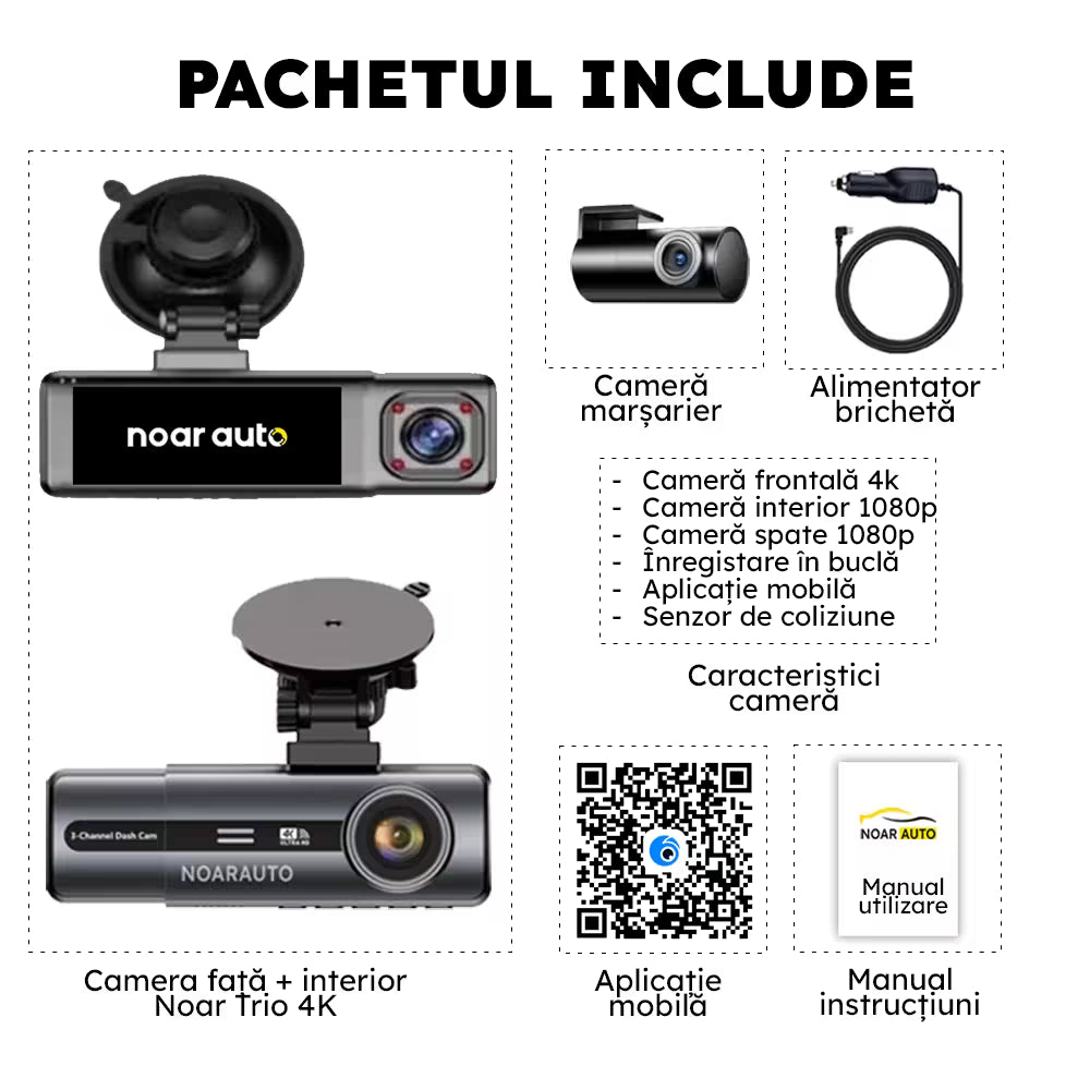 CAMERA AUTO TRIPLA - NOAR T200 TRIO 4K - FATA, INTERIOR, SPATE, SENZOR IMPACT, SUPRAVEGHERE PARCARE