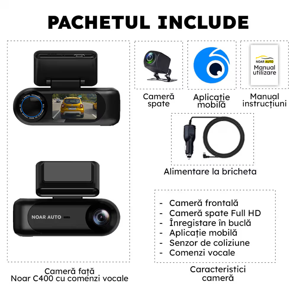 CAMERA AUTO CU CONTROL VOCAL NOAR D400 - FILMARE 4K + FULL HD, APLICATIE PE TELEFON