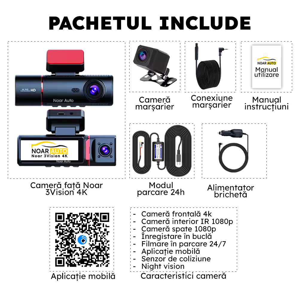 CAMERA AUTO TRIPLA - NOAR T300 3VISION 4K, GPS, SENZOR IMPACT, FILMARE IN PARCARE, APLICATIE TELEFON