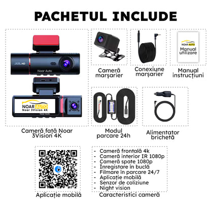 CAMERA AUTO TRIPLA - NOAR 3VISION 4K, SENZOR IMPACT, FILMARE IN PARCARE, APLICATIE TELEFON