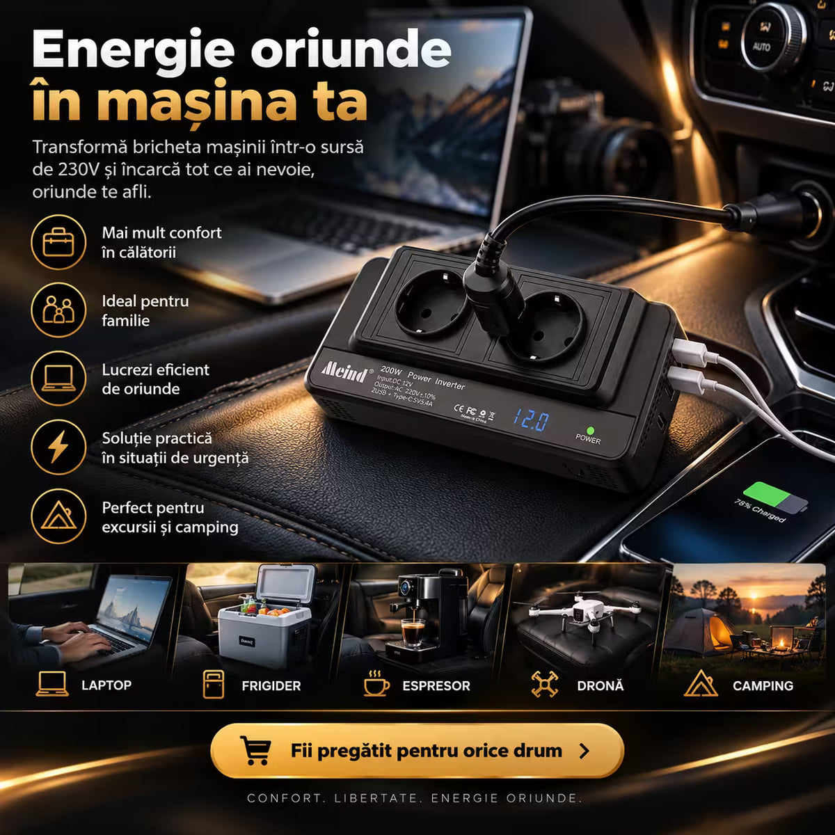 INVERTOR AUTO 200W, PRIZA DUBLA 230V, USB-C, 2x USB-A, PUTERE MAXIMA 400W